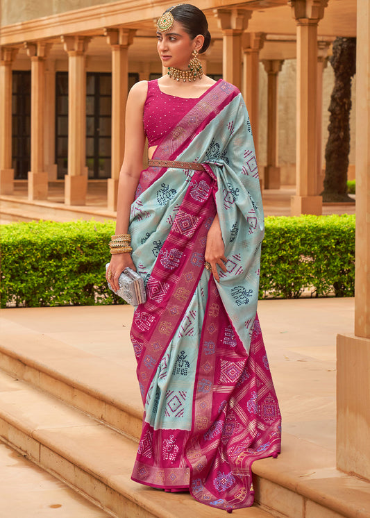 Blue & Pink Printed Patola Silk Saree with Swaroski Work