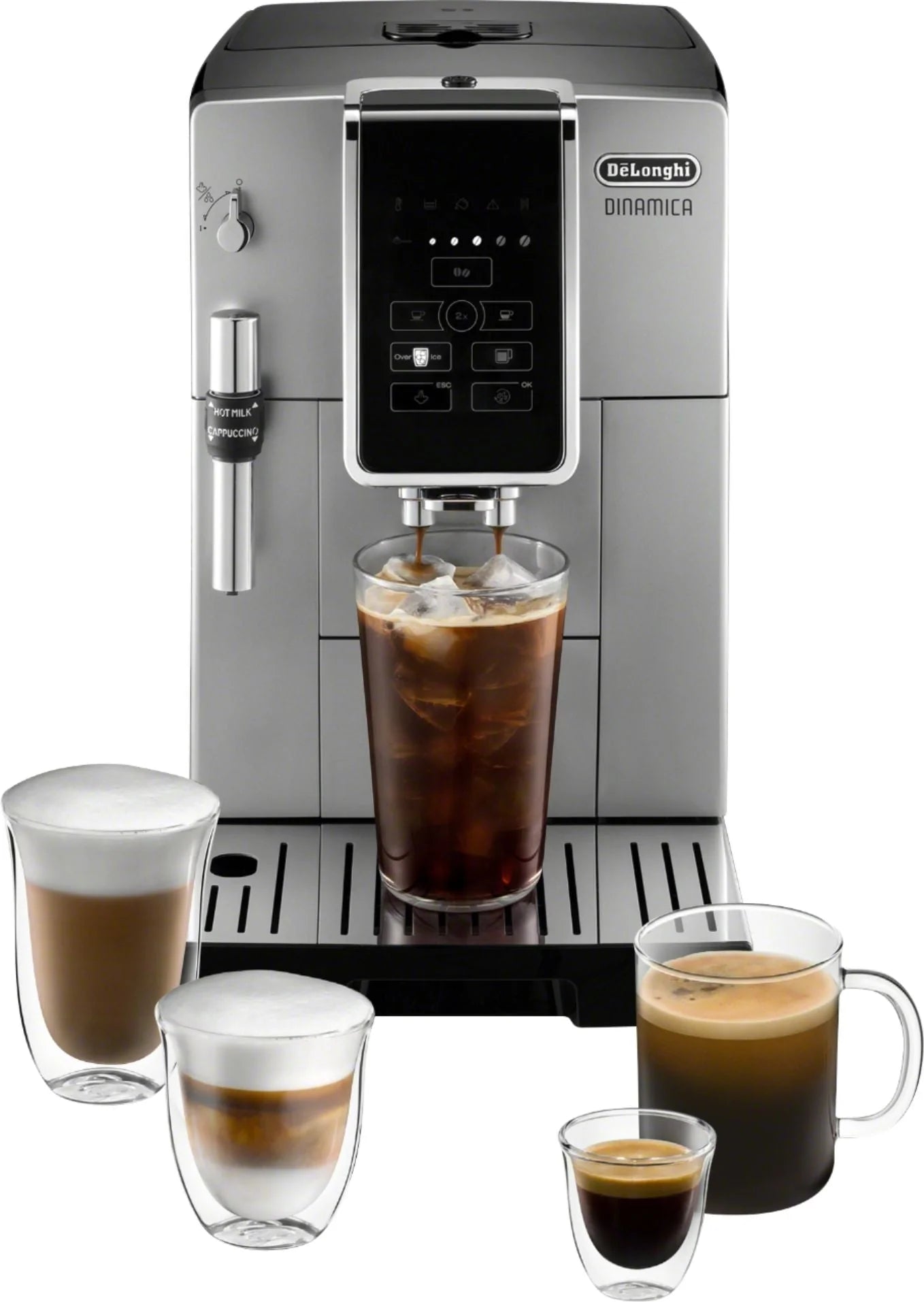 De'Longhi - Dinamica TrueBrew Over Ice Fully Automatic Coffee and Espresso Machine, with Premium Adjustable Frother - Chrome and Black