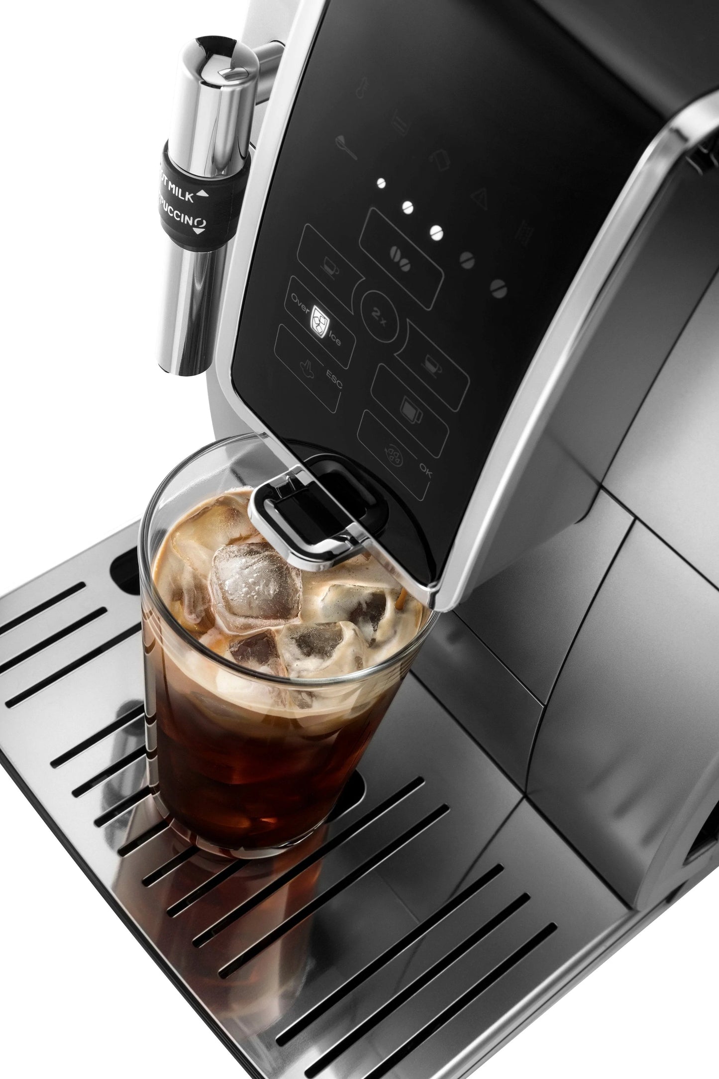 De'Longhi - Dinamica TrueBrew Over Ice Fully Automatic Coffee and Espresso Machine, with Premium Adjustable Frother - Chrome and Black