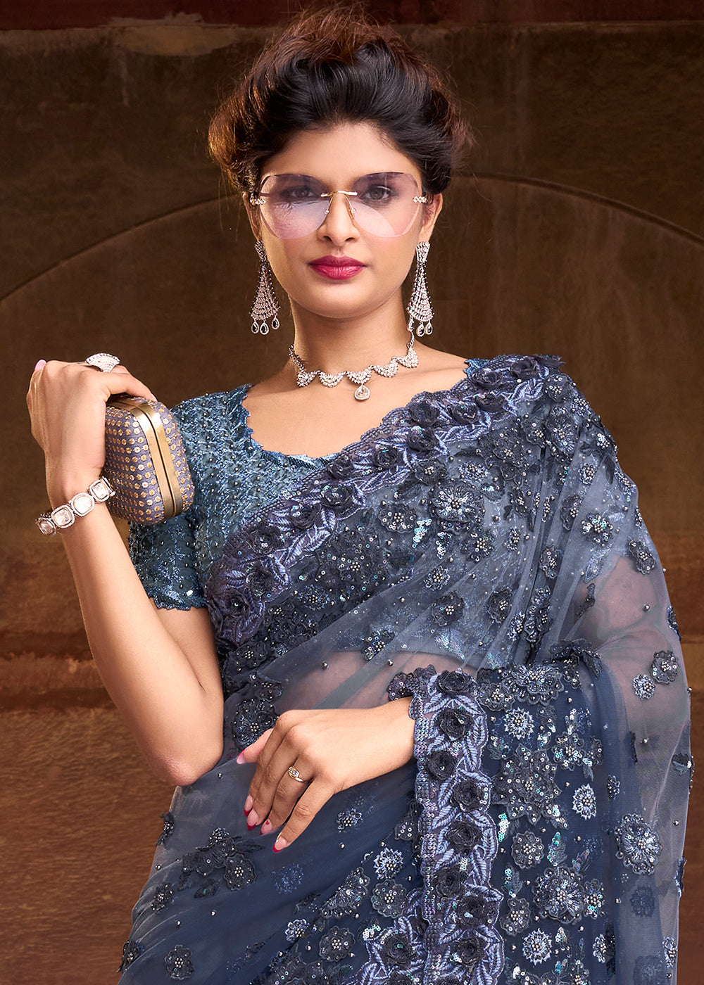 Shades Of Grey Digital Net Saree with Thread,Sequins, Zarkan & Flower Applic work