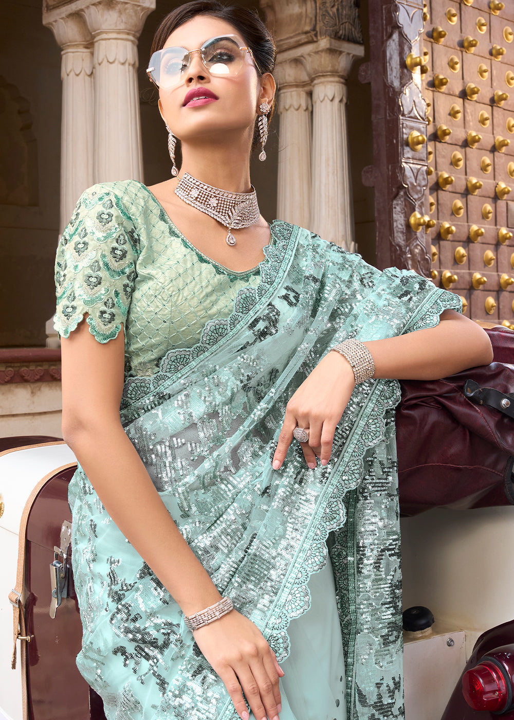 Light Sea Green Digital Net Saree with Sequins Pallu, Mirror & Foil work