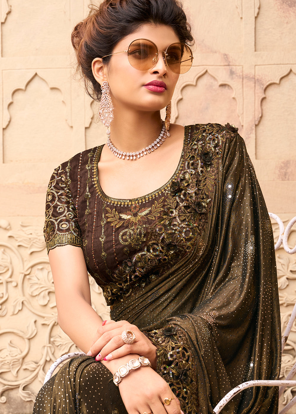 Chocolate Brown Imported Fabric Saree with Crystal, Mirror & Sequins Flower Applic work