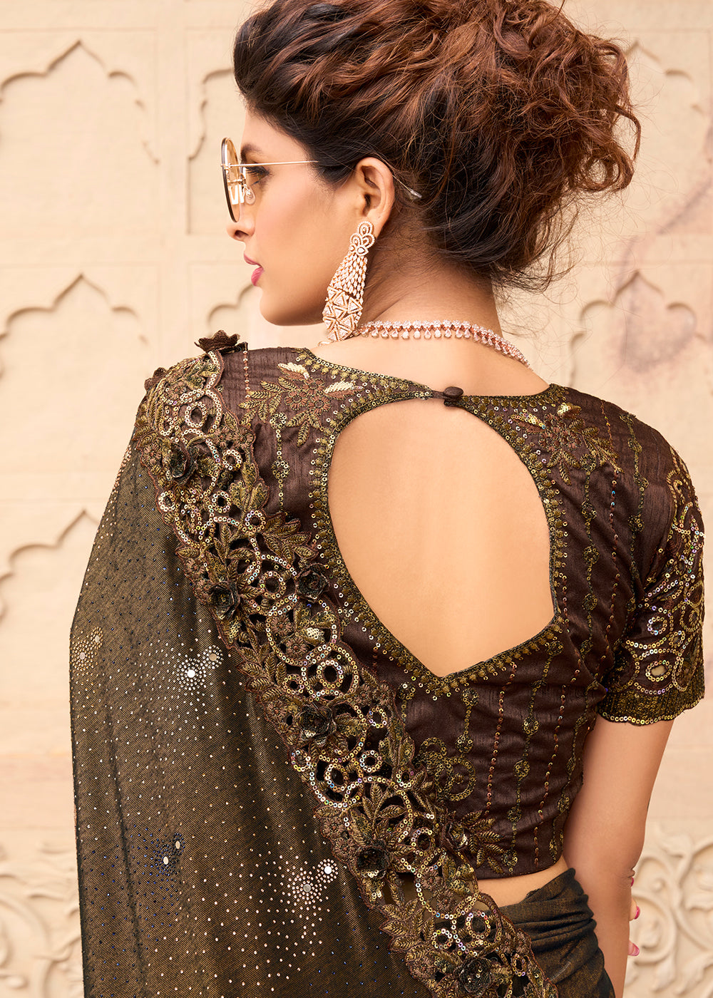 Chocolate Brown Imported Fabric Saree with Crystal, Mirror & Sequins Flower Applic work