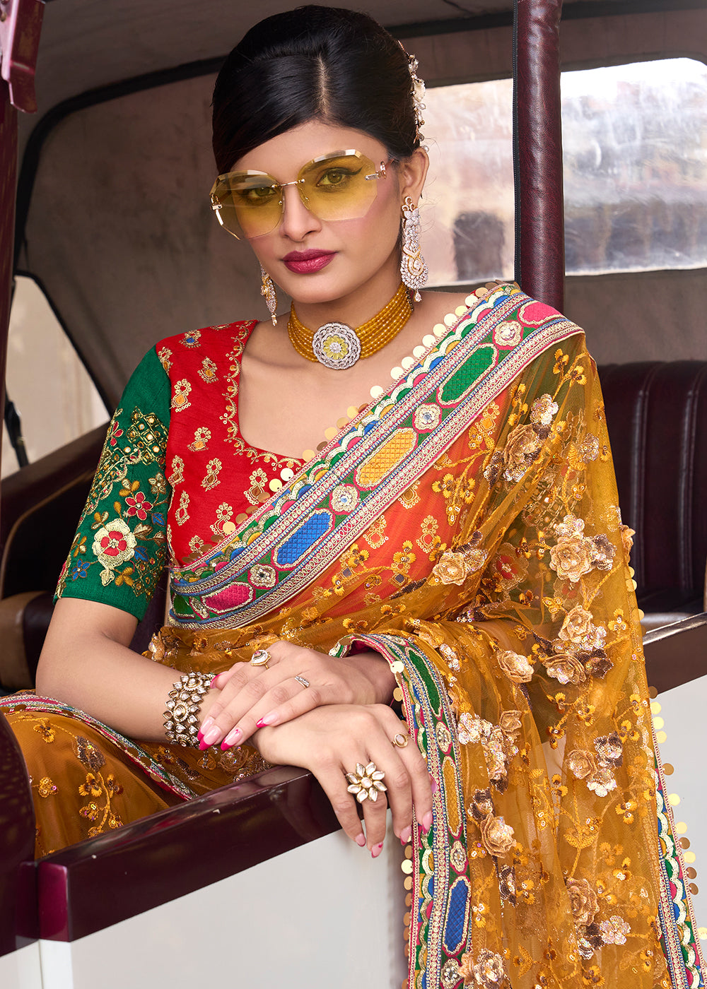 Mustard Yellow Digital Net Saree with Sequins,Thread,Mirror & Flower Applic work