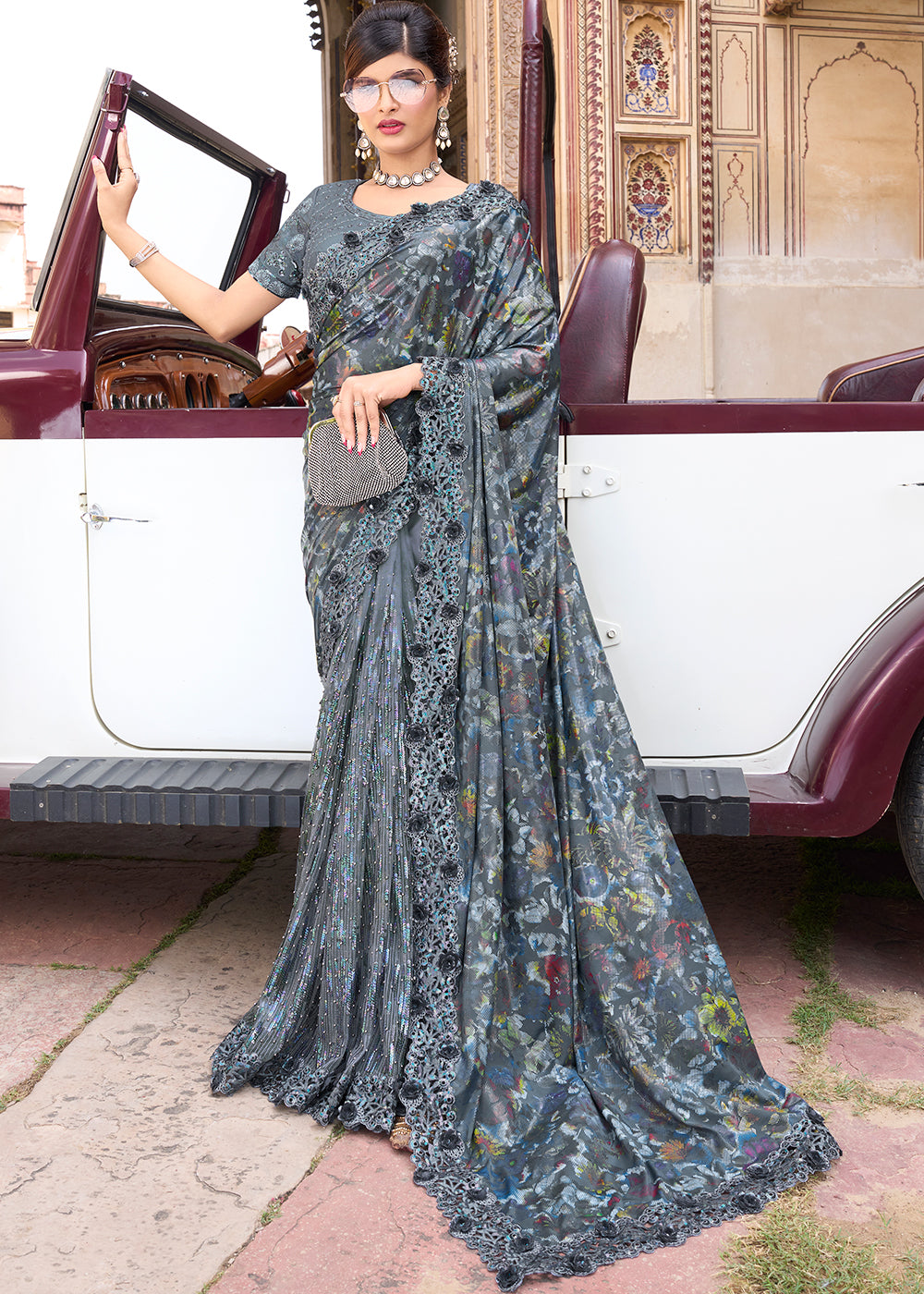 Anchor Grey Digital Net Saree with Sequins,Moti & Flower Applic work