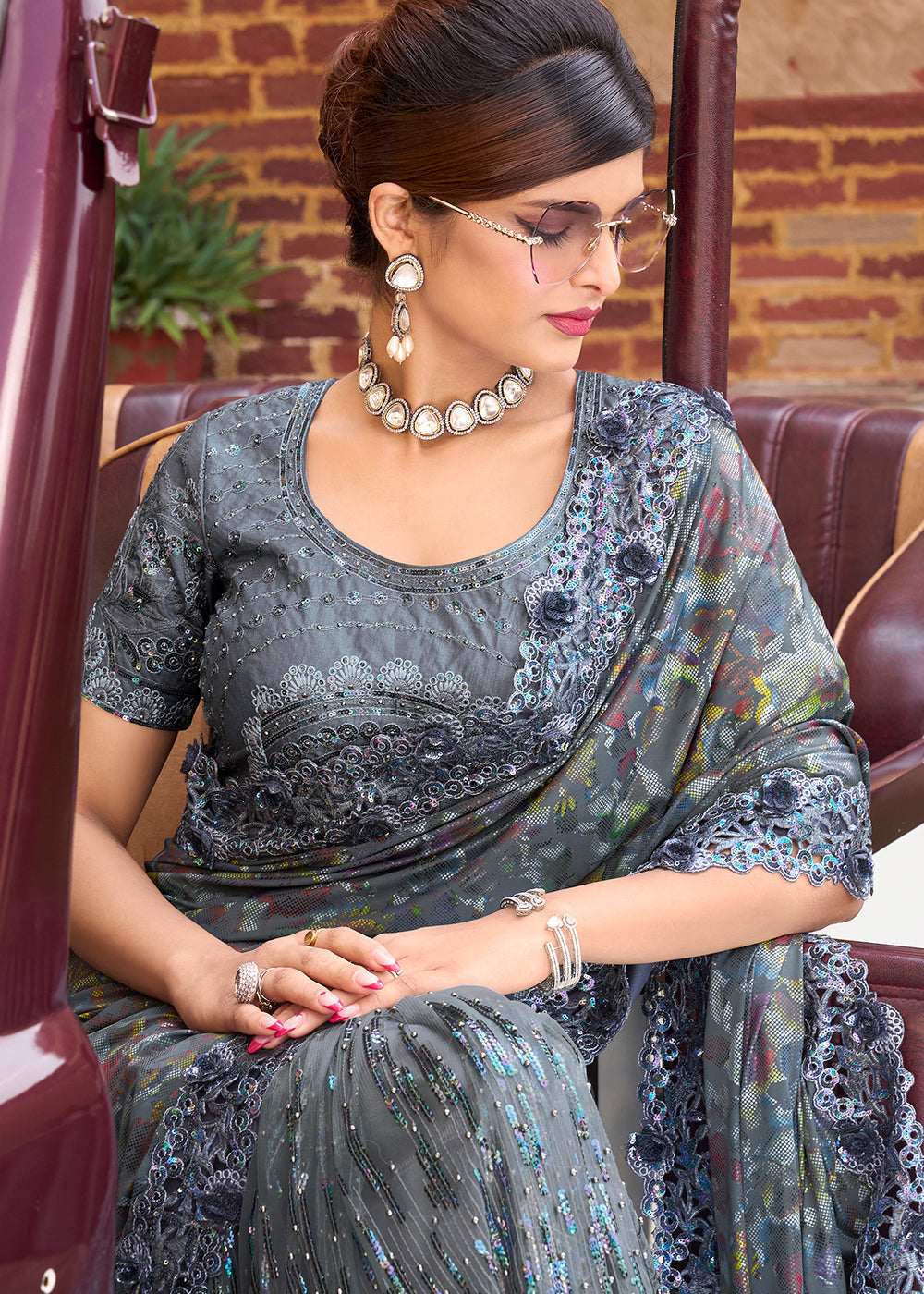 Anchor Grey Digital Net Saree with Sequins,Moti & Flower Applic work