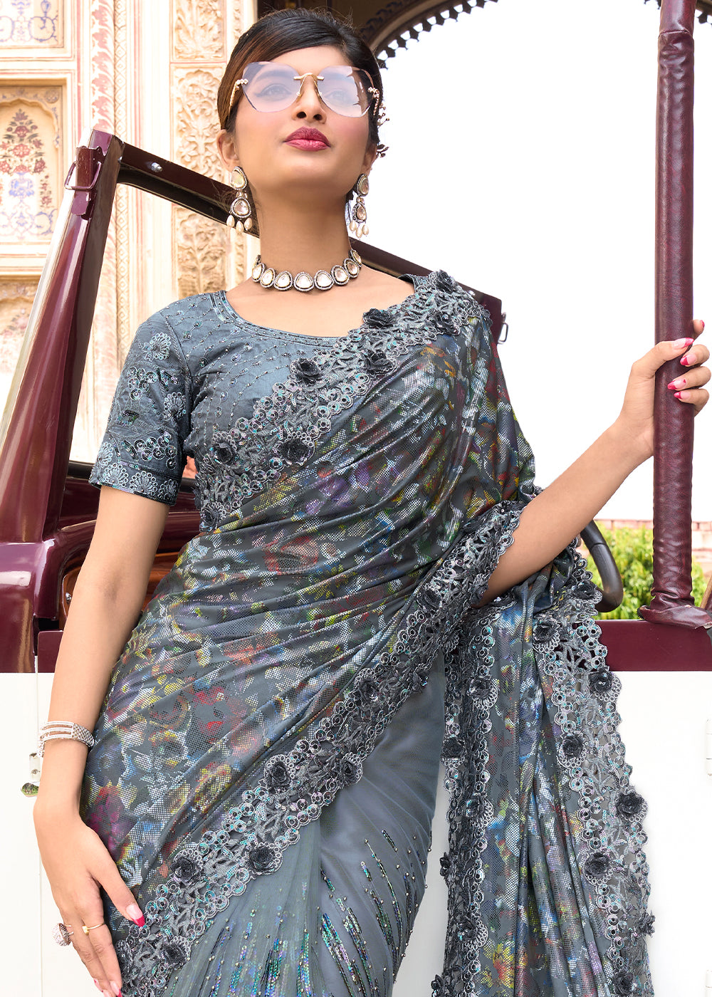 Anchor Grey Digital Net Saree with Sequins,Moti & Flower Applic work