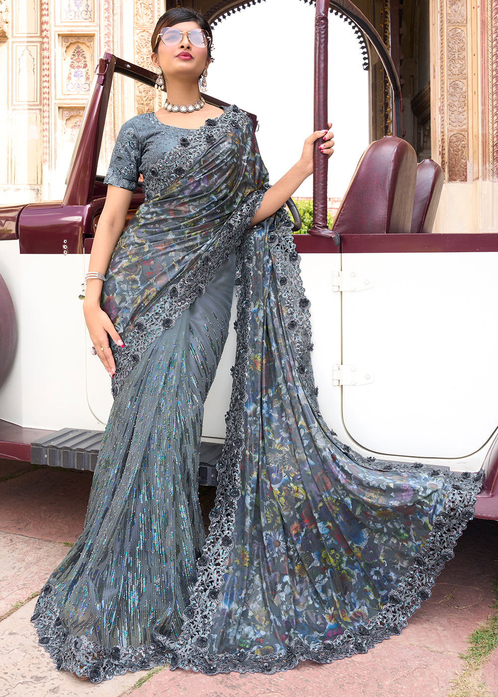 Anchor Grey Digital Net Saree with Sequins,Moti & Flower Applic work