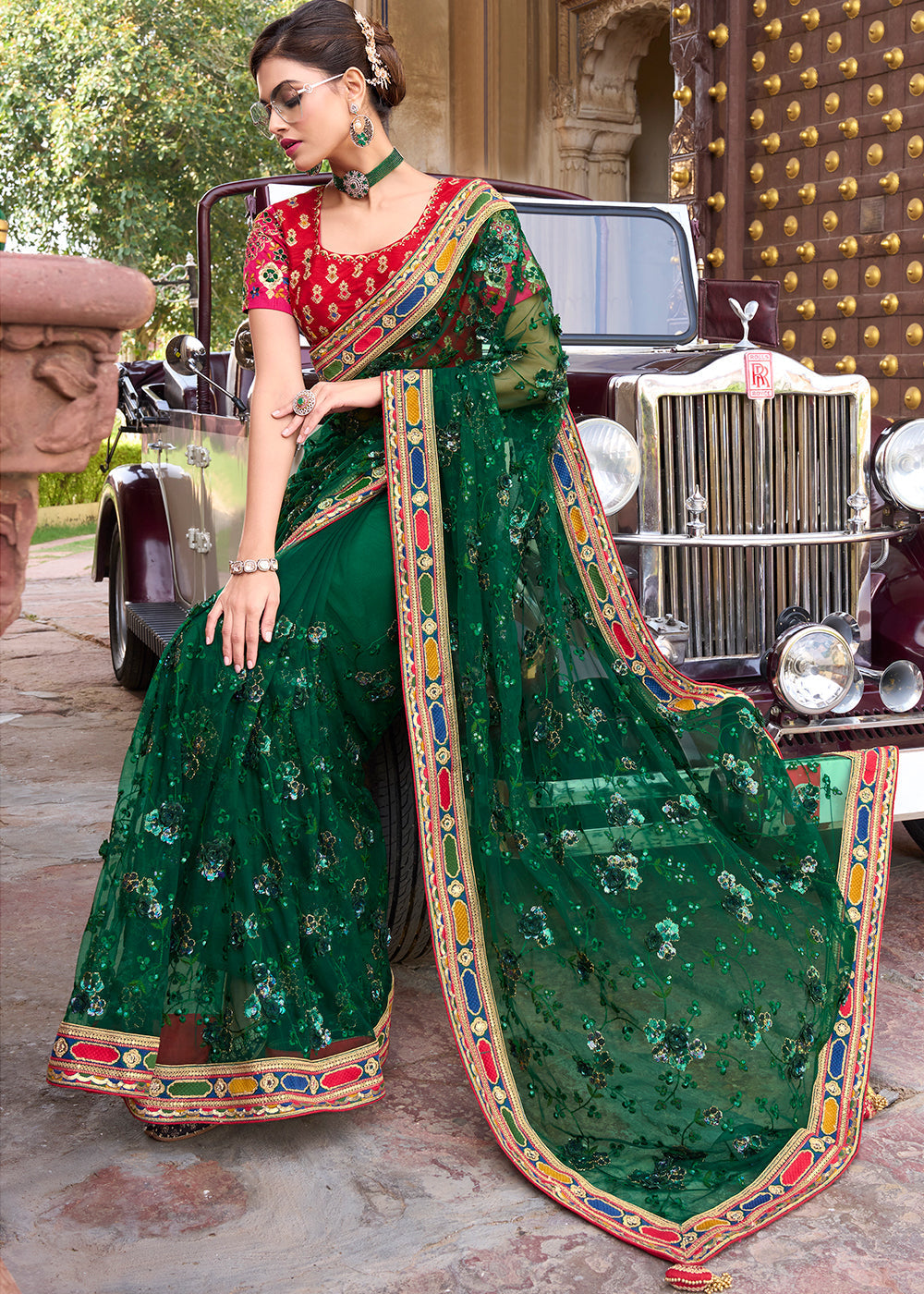 Bottle Green Digital Net Saree with Sequins,Thread,Mirror & Flower Applic work