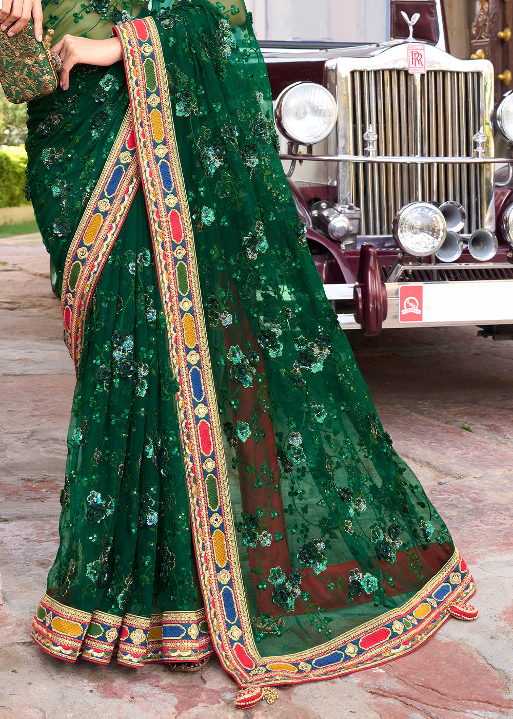 Bottle Green Digital Net Saree with Sequins,Thread,Mirror & Flower Applic work