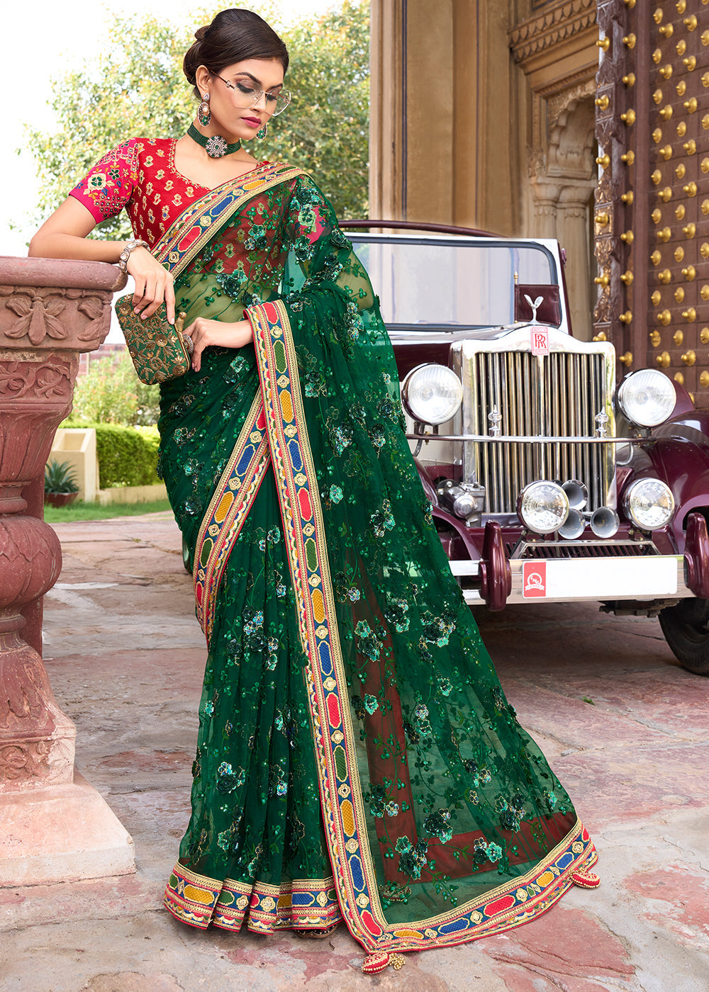 Bottle Green Digital Net Saree with Sequins,Thread,Mirror & Flower Applic work