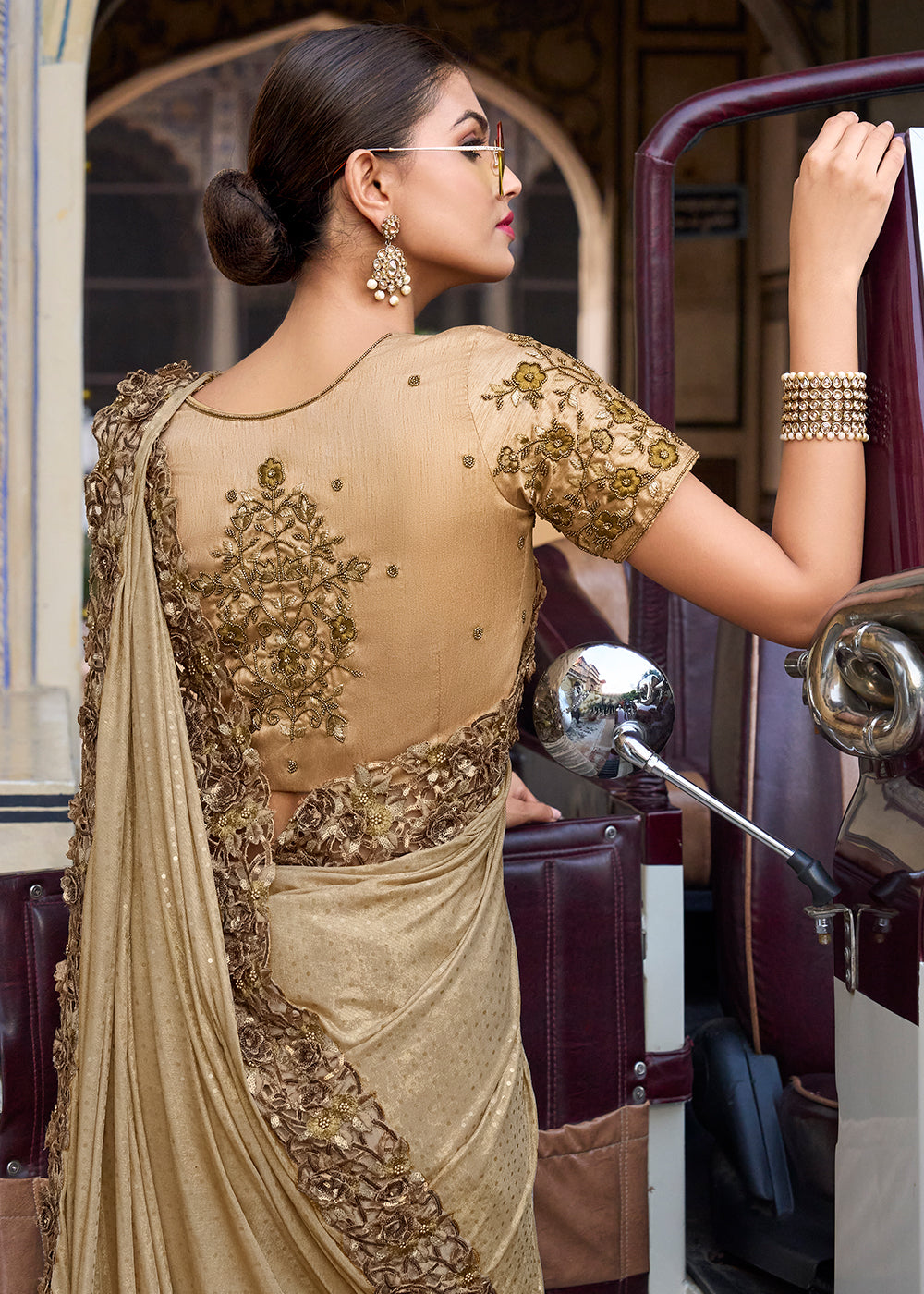 Chiku Brown Digital Net Saree with Sequins,Moti,Mirror & Flower Applic work