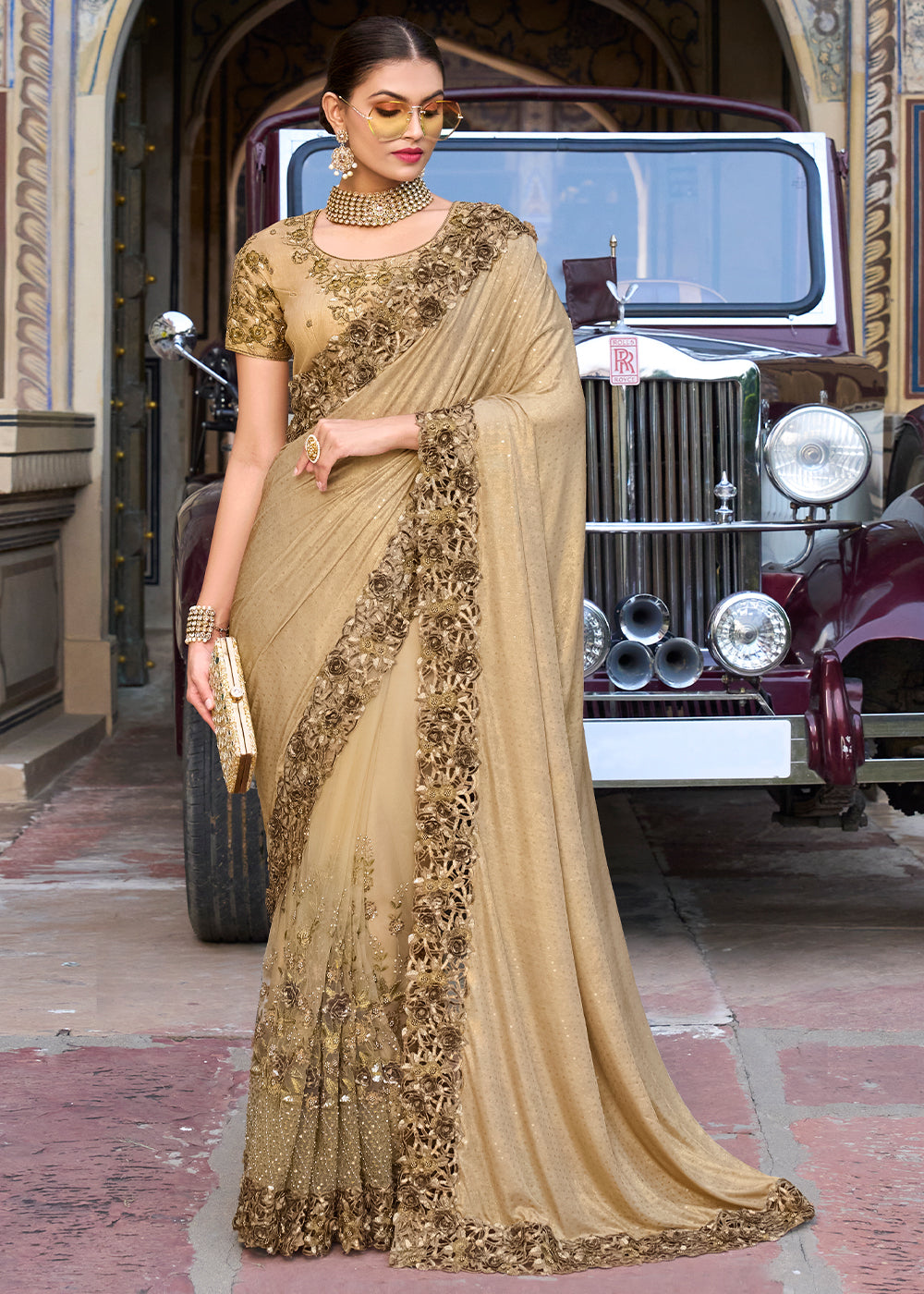 Chiku Brown Digital Net Saree with Sequins,Moti,Mirror & Flower Applic work