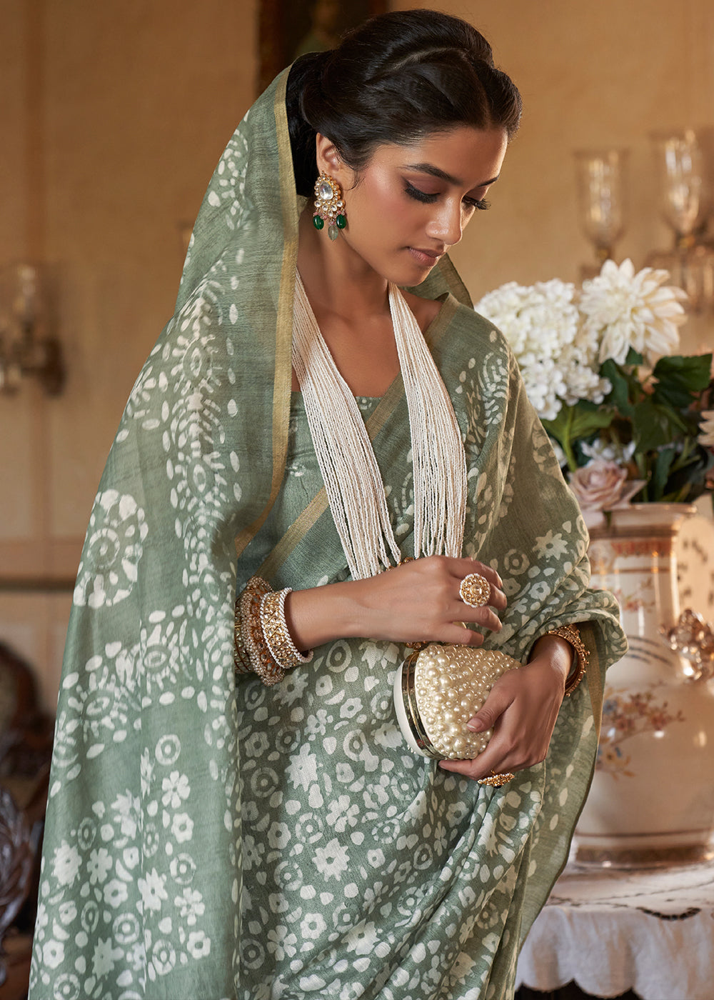 Pistachio Green Floral Printed Linen Saree