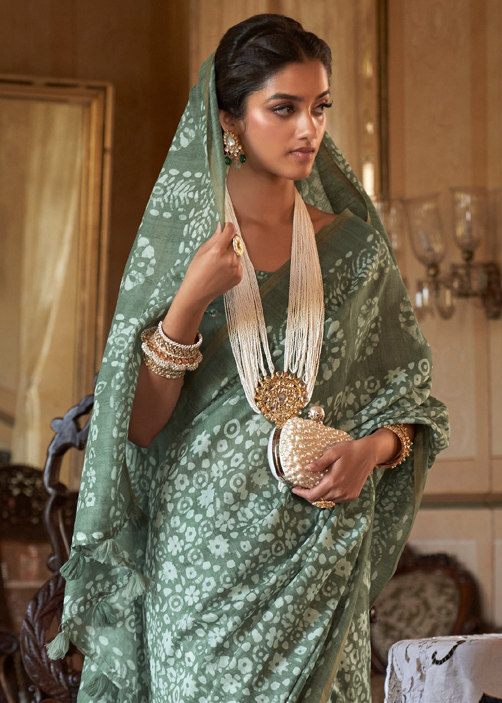 Pistachio Green Floral Printed Linen Saree