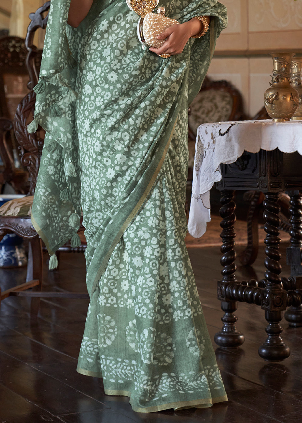 Pistachio Green Floral Printed Linen Saree