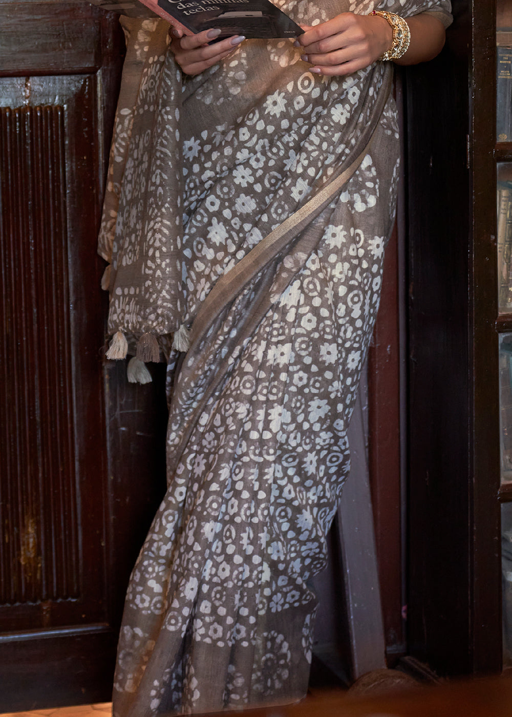 Ash Brown Floral Printed Linen Saree