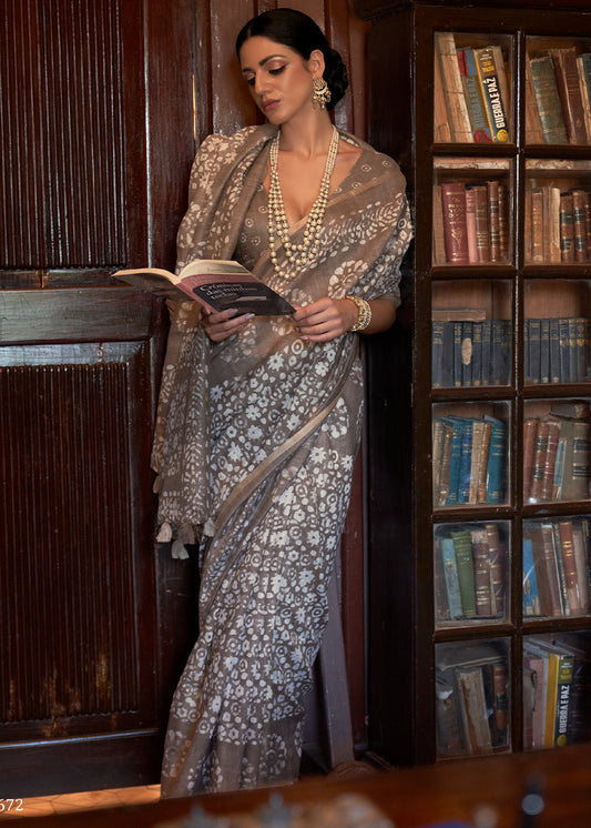 Ash Brown Floral Printed Linen Saree