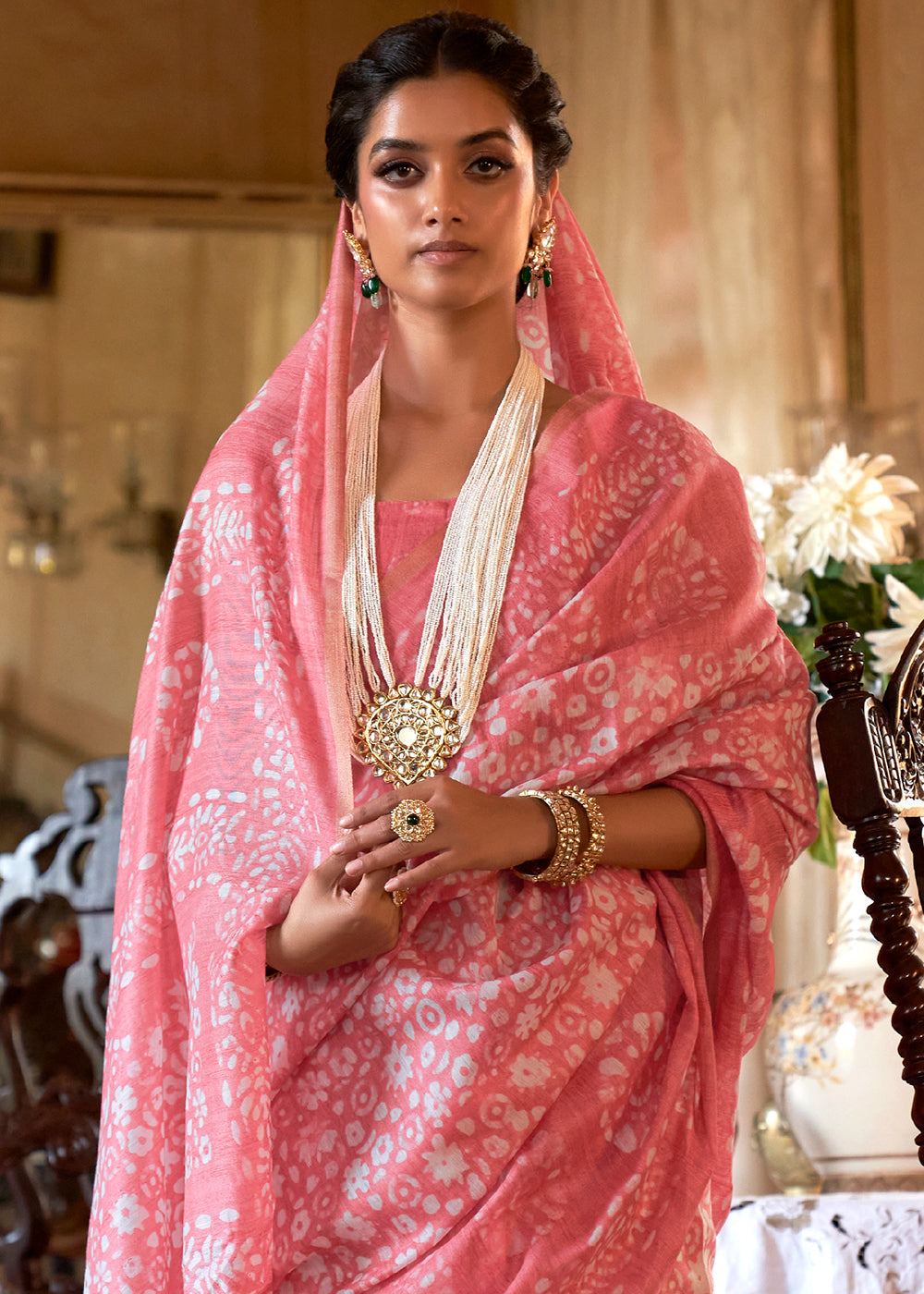 Rouge Pink Floral Printed Linen Saree