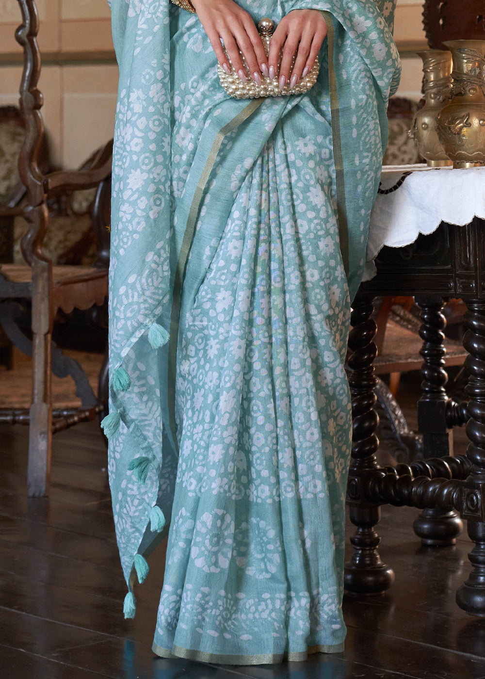 China Blue Floral Printed Linen Saree