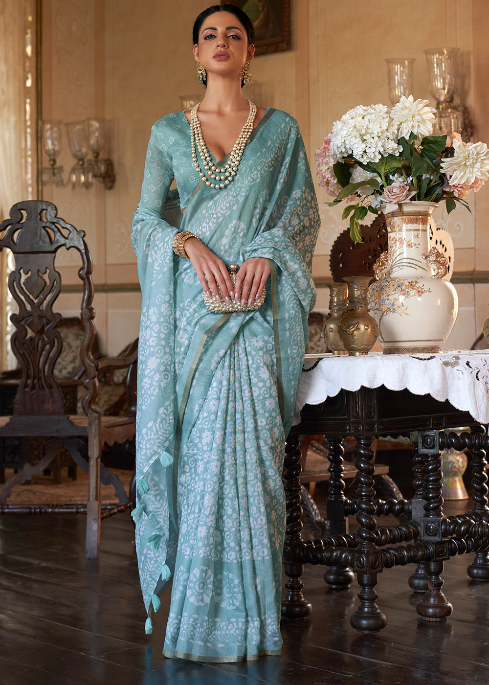 China Blue Floral Printed Linen Saree