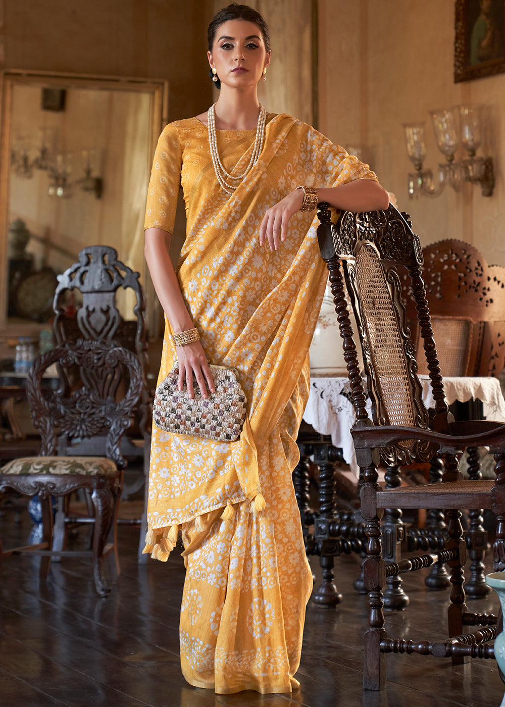 Mikado Yellow Floral Printed Linen Saree