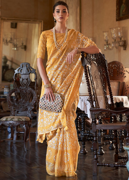 Mikado Yellow Floral Printed Linen Saree