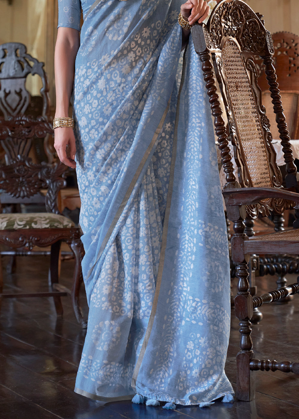 Celestial Blue Floral Printed Linen Saree