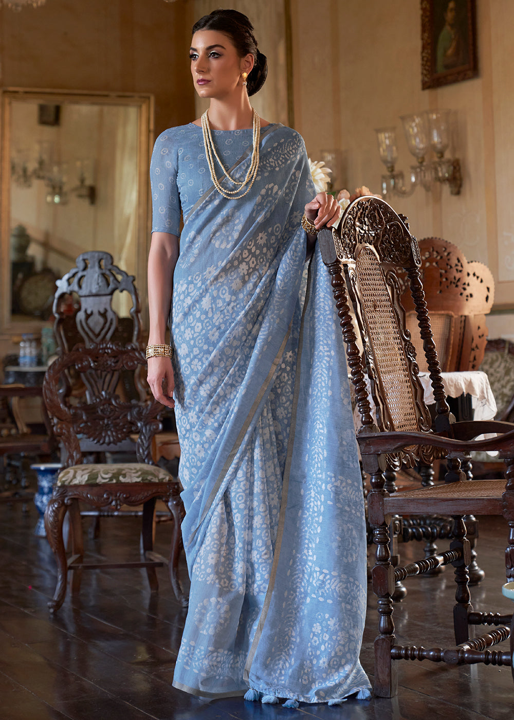 Celestial Blue Floral Printed Linen Saree