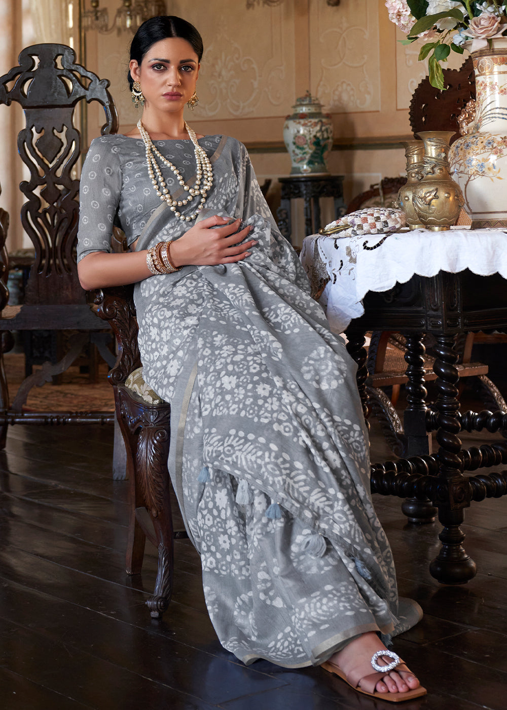 Metal Grey Floral Printed Linen Saree