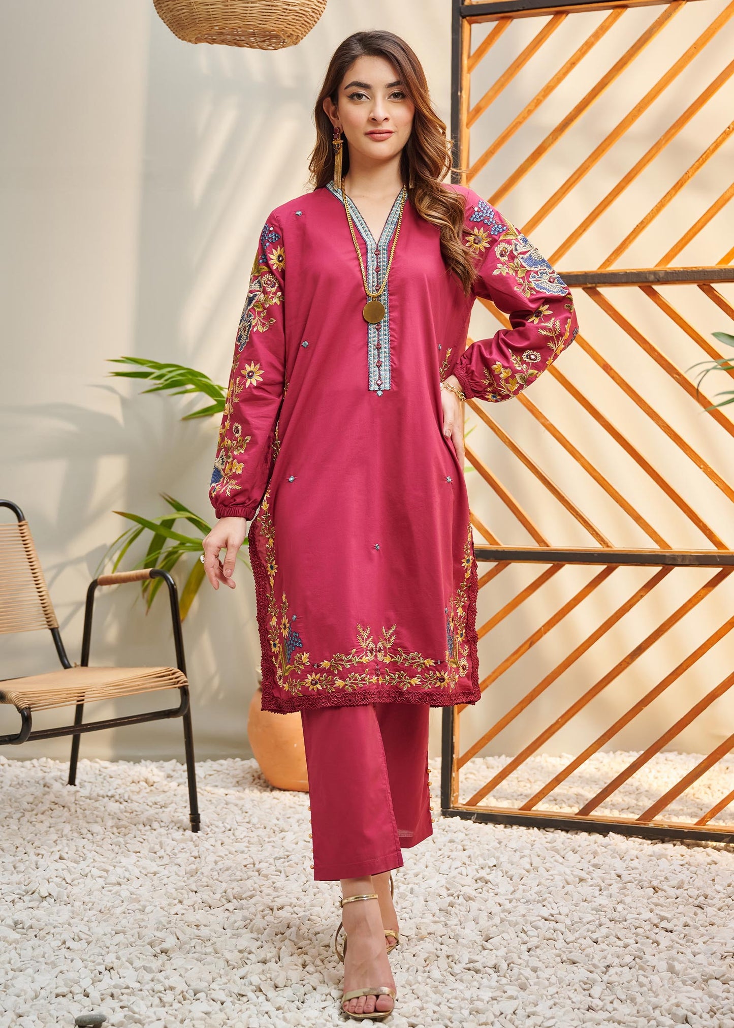 Dhanak - DC-2046 PINK 2PCS  EMBROIDERED KURTA WITH TROUSER (US-LWH)