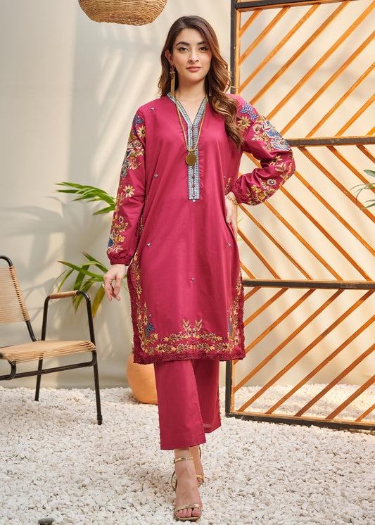 Dhanak - DC-2046 PINK 2PCS  EMBROIDERED KURTA WITH TROUSER (US-LWH)