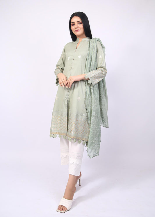 FashionPorters - Unstitched 3 Piece Block Printed Cotton Lawn Light Sage Green Suit SUS22-RY21