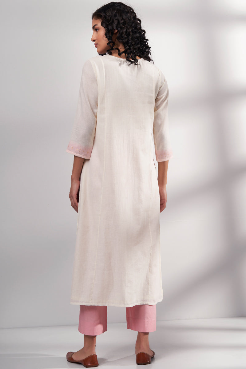 Cream and Pink Woven Cotton Kurta With Cotton Bottom