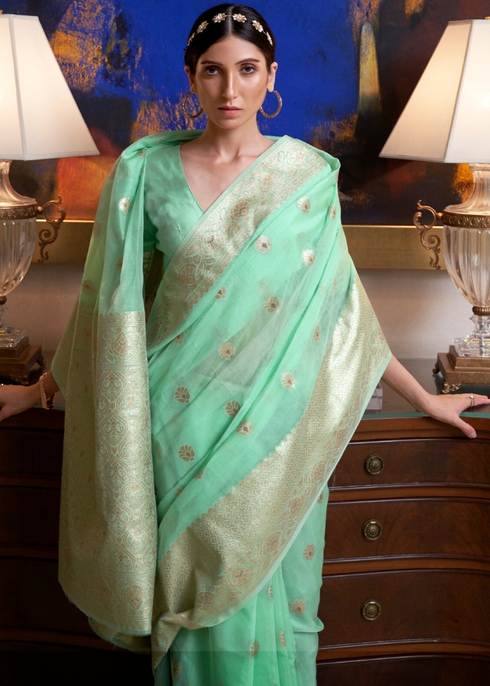 Mint Green Banarasi-Chanderi Fusion Woven Silk Saree