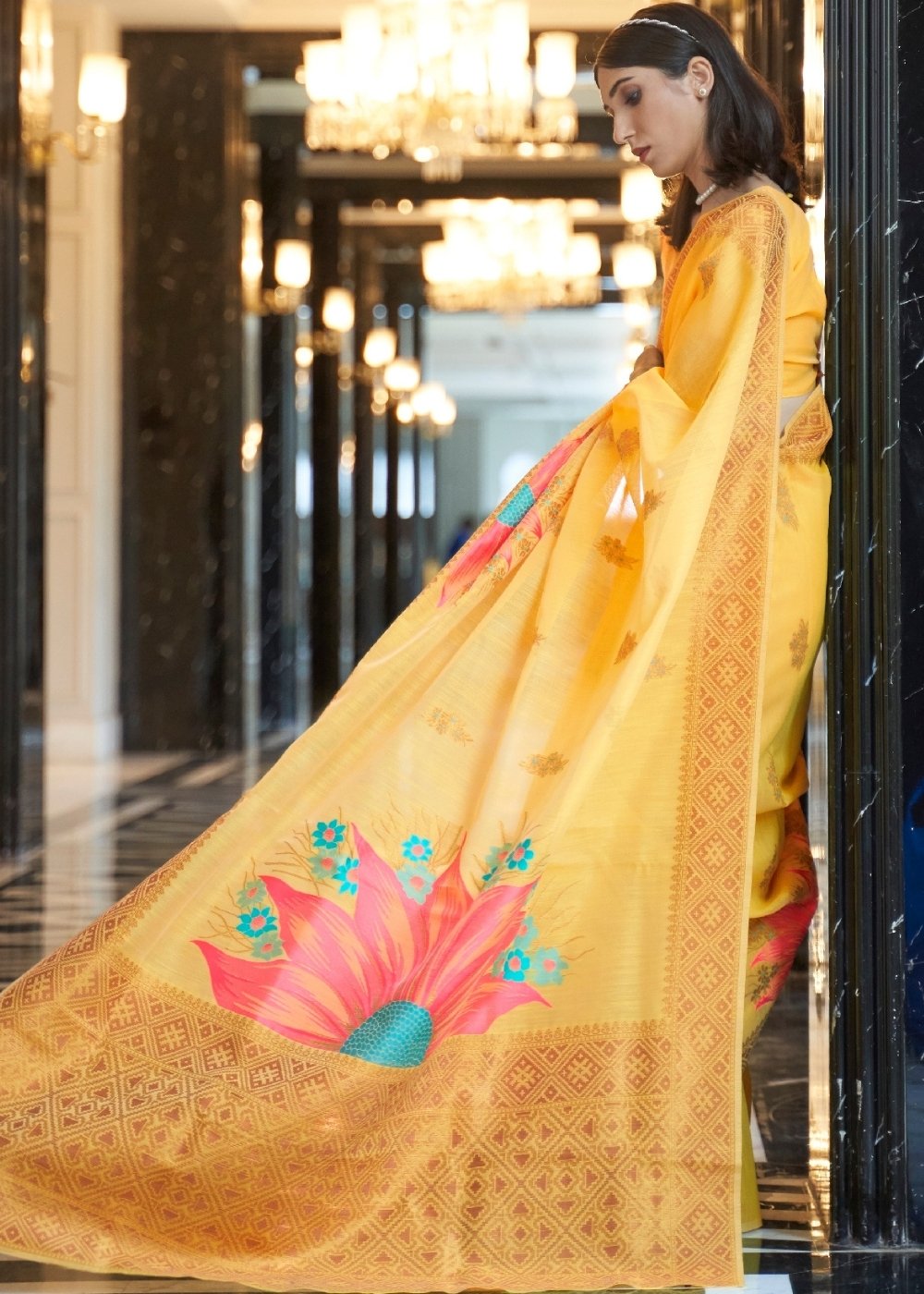 Saffron Yellow Zari Woven Linen Silk Saree