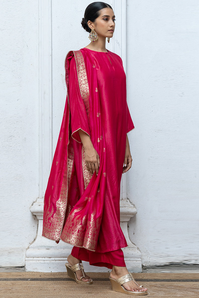 Bright Rose Pink Zari Woven Bemberg Silk Salwar Suit With Zari Woven Monga Silk Jacquard Dupatta