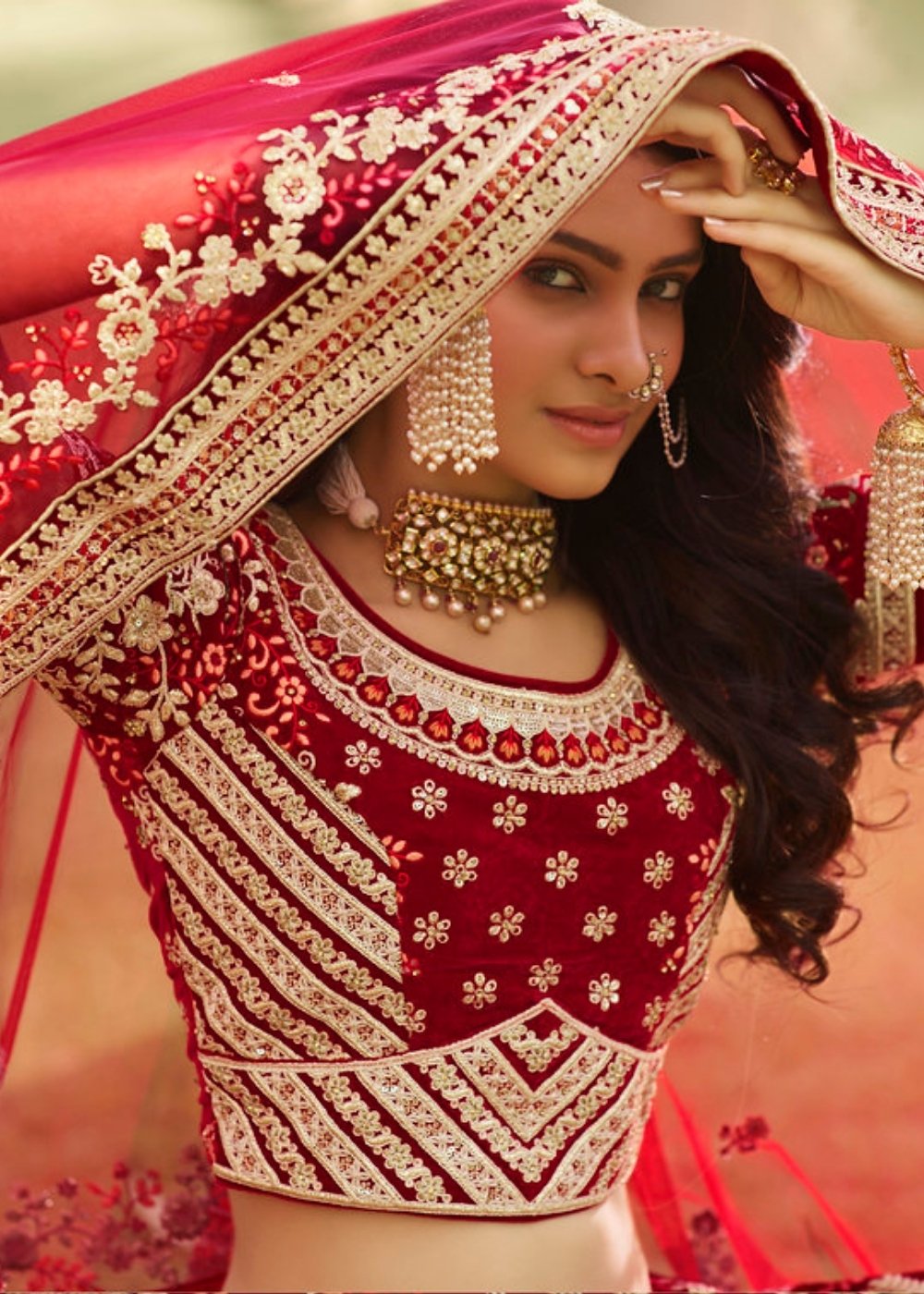Mahagony Red Velvet Lehenga Choli with Heavy Embroidery Work