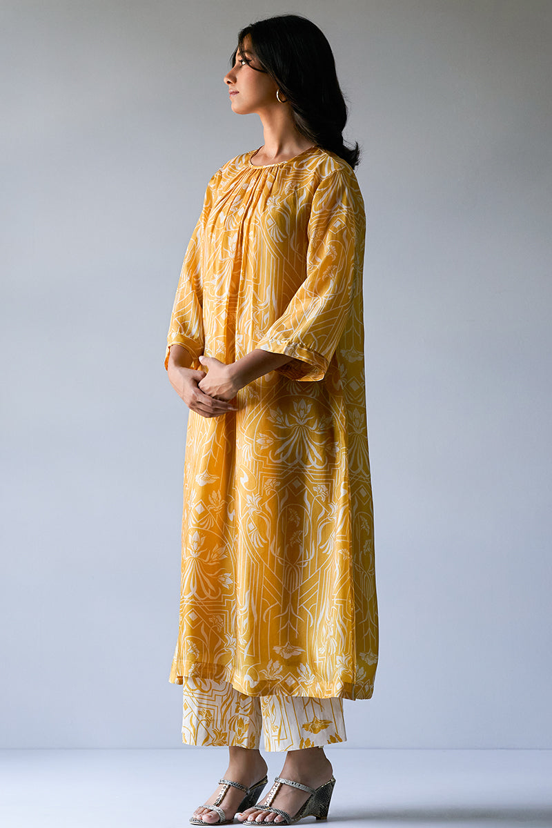 Mustard Yellow and Beige Bemberg Silk Printed Co-ord Set