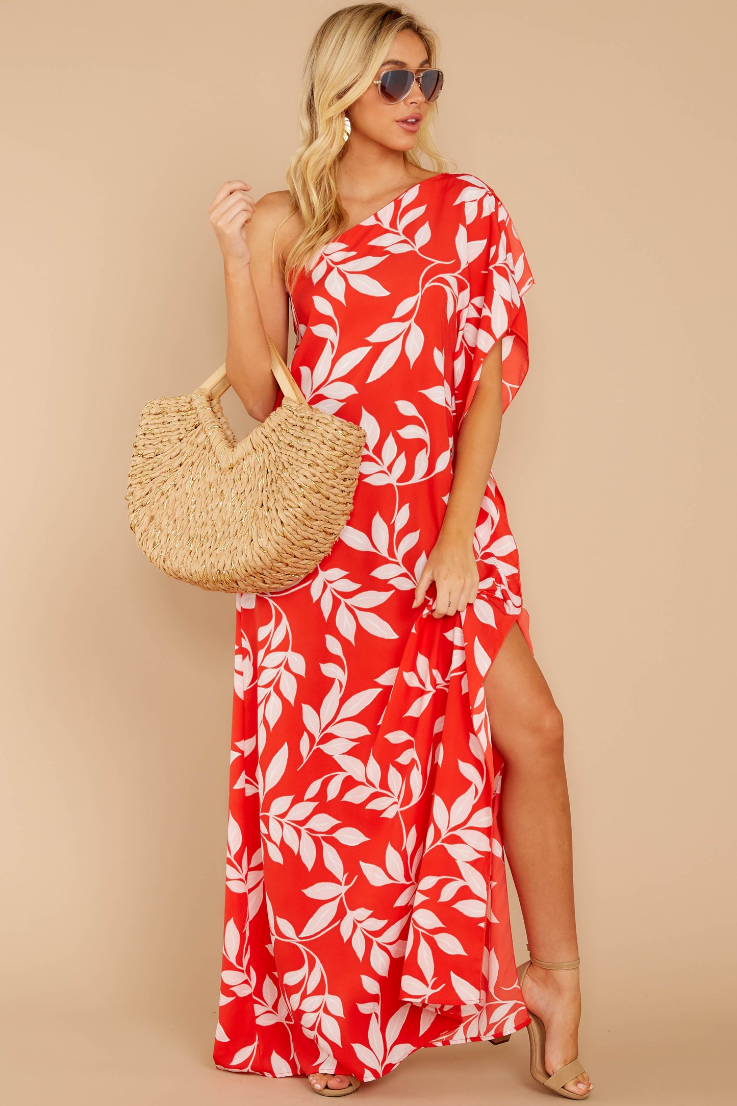 Palm Spring Paradise Coral Orange Print One Shoulder Maxi Dress