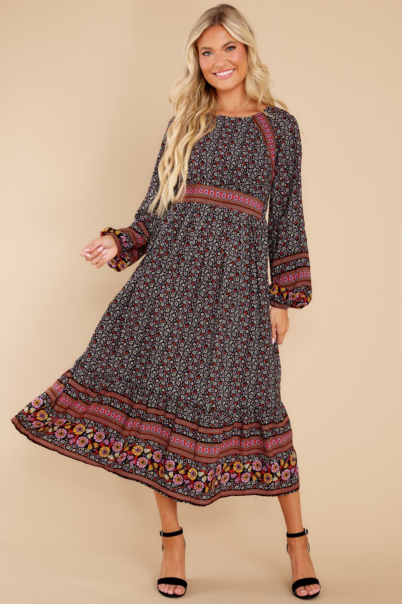 Into The Details Black Floral Print Midi Dress