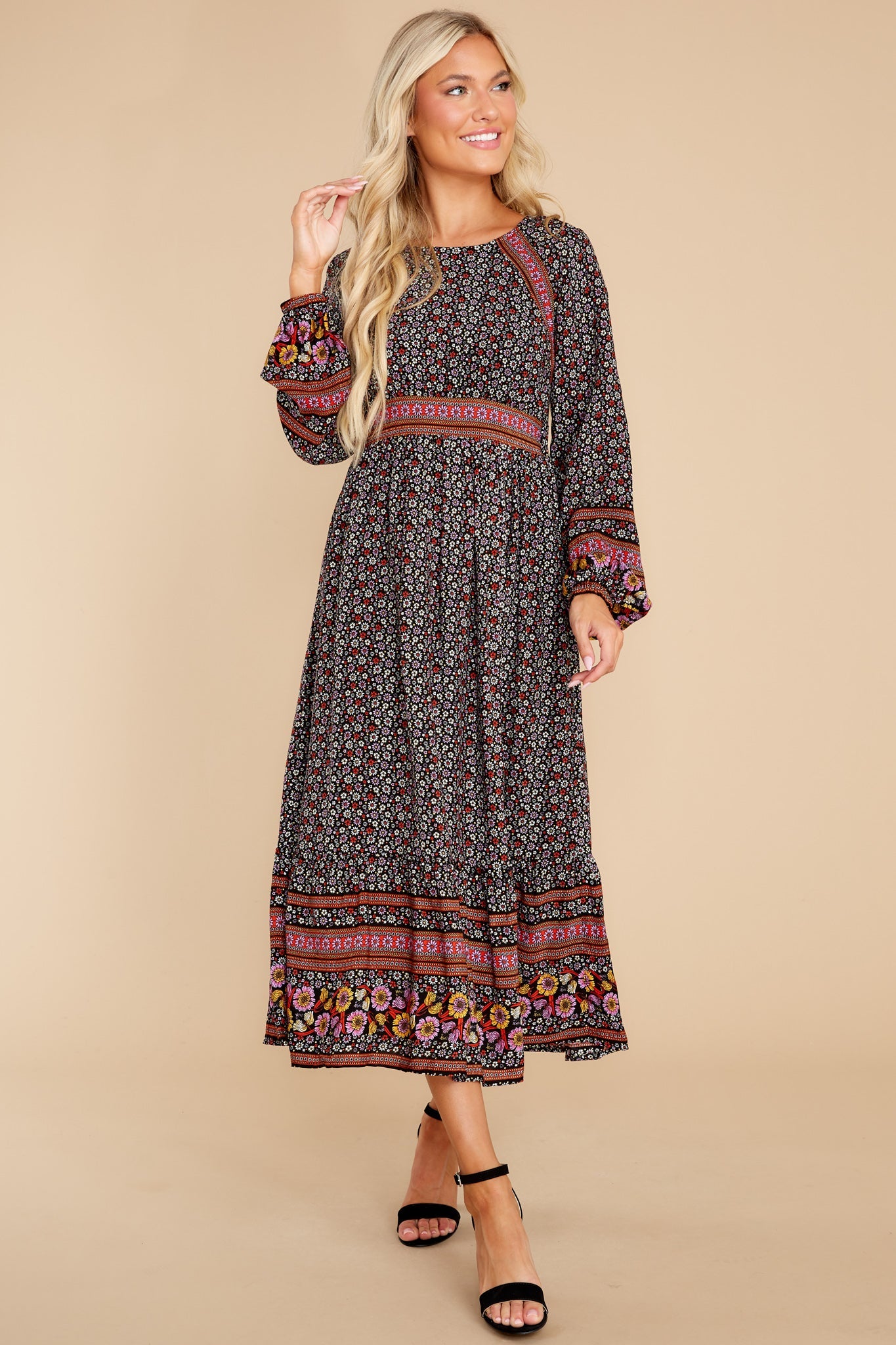 Into The Details Black Floral Print Midi Dress