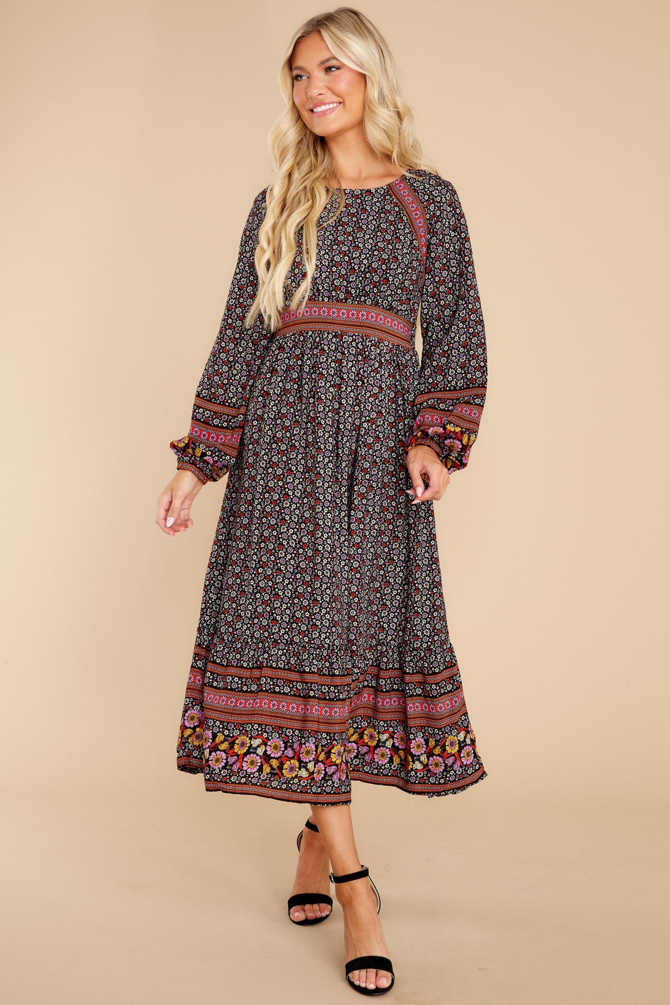 Into The Details Black Floral Print Midi Dress