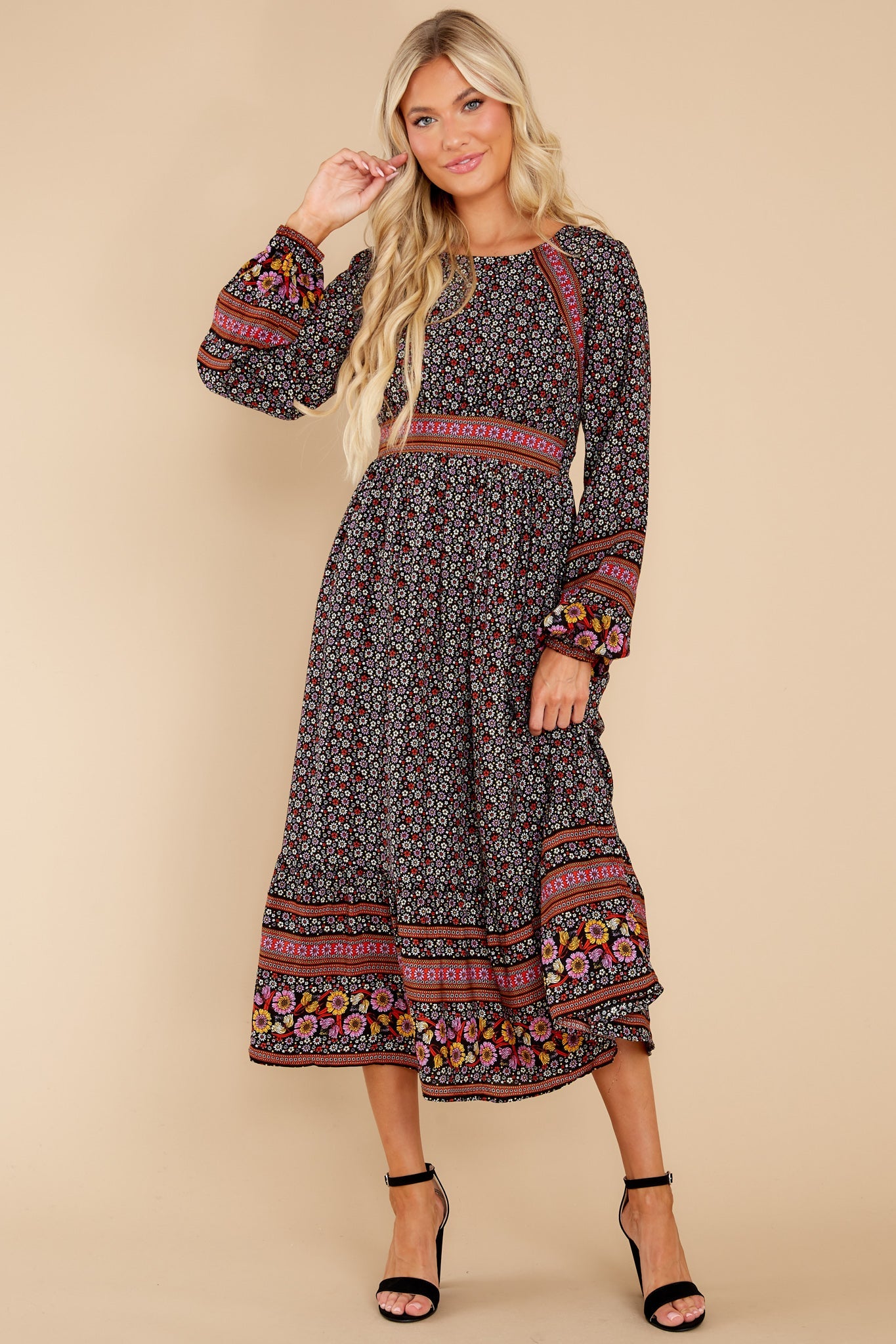 Into The Details Black Floral Print Midi Dress