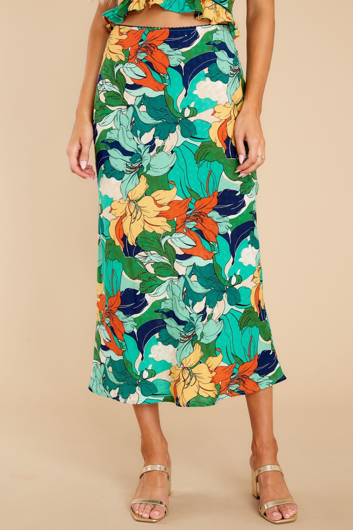 Erica Green Floral Midi Slip Skirt