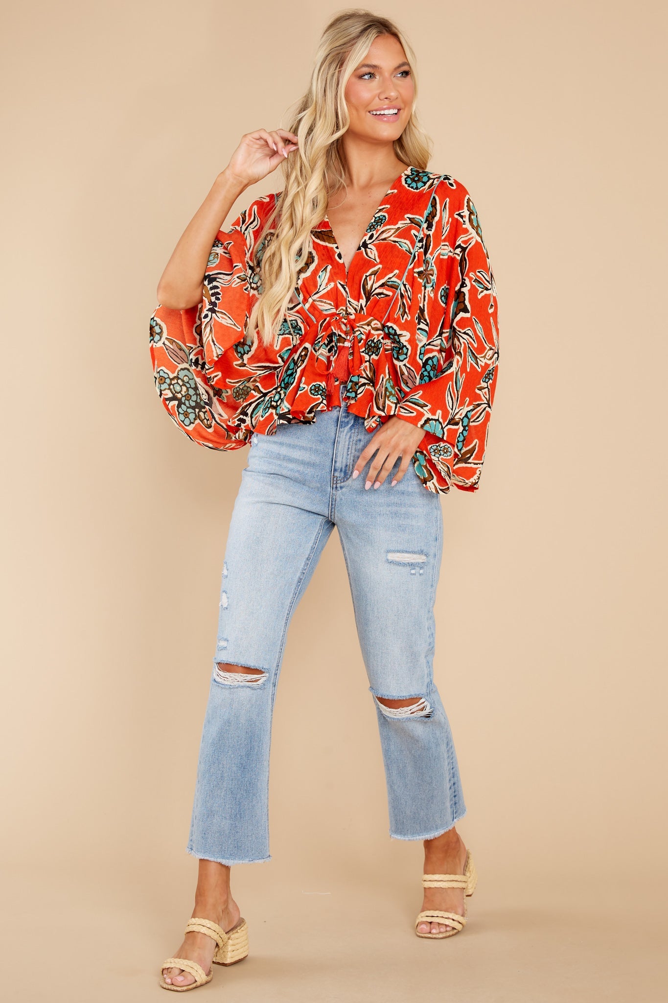 Leticia Tangerine Floral Batwing Top