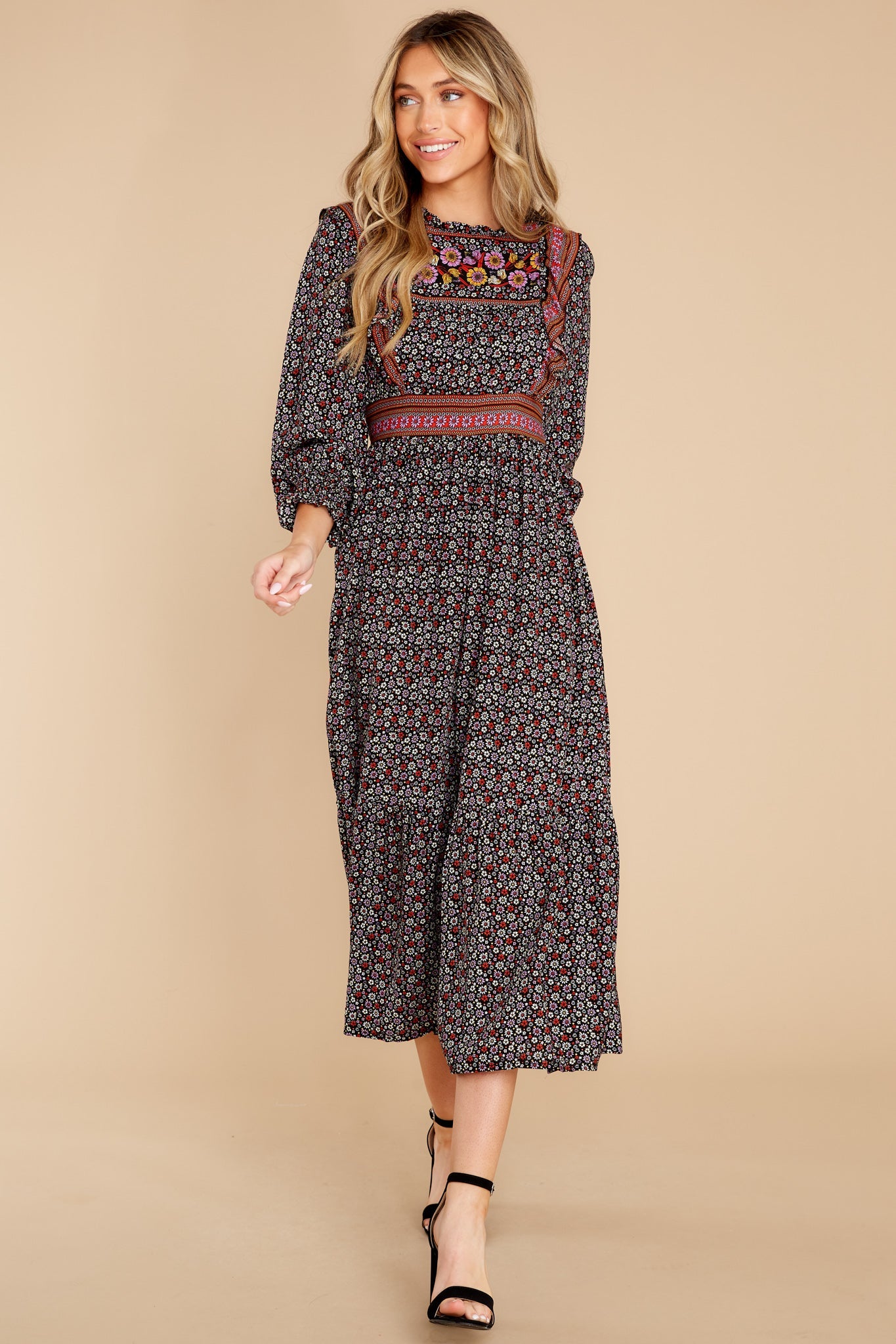 Growing Value Black Floral Print Midi Dress