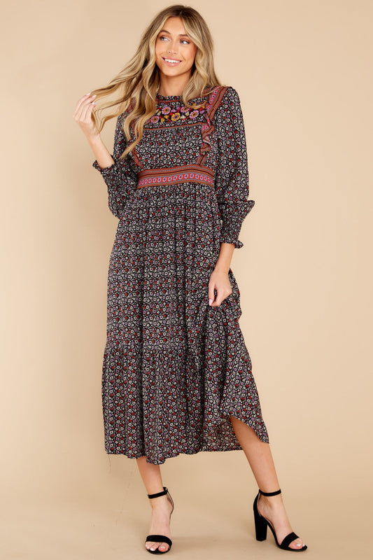 Growing Value Black Floral Print Midi Dress