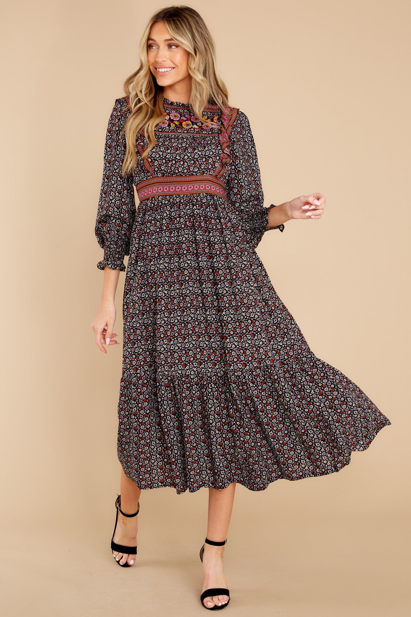 Growing Value Black Floral Print Midi Dress