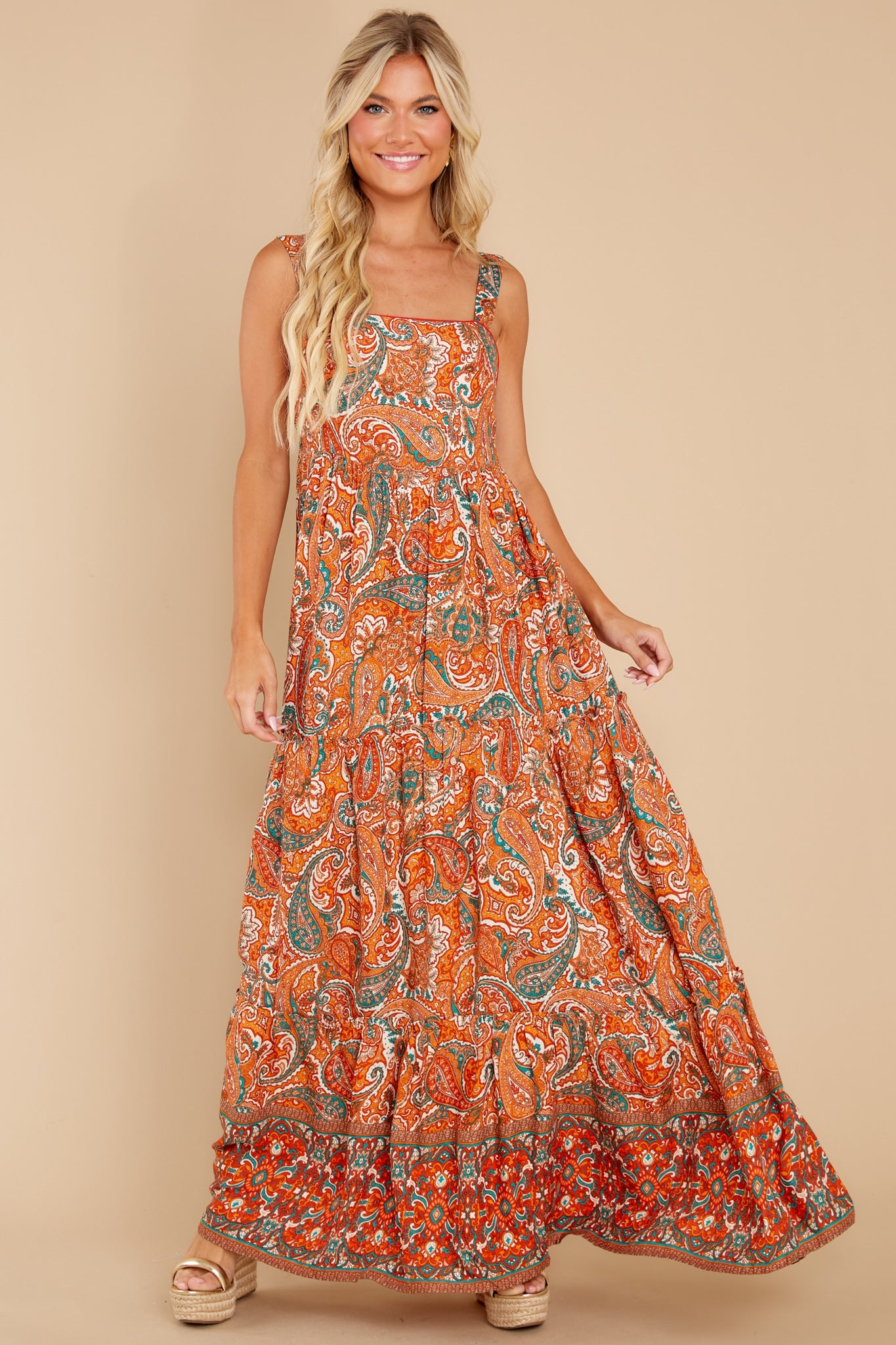 Alejandra Orange Paisley Tiered Maxi Dress
